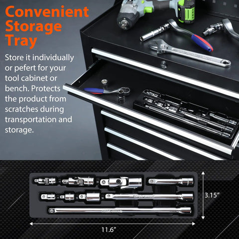 9 Piece Socket Accessory Set With 1/4 Inch, 3/8 Inch And 1/2 Inch Drive Universal Joints and Extension Bars in storage tray