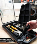 Open Milwaukee PACKOUT showing Six FlexiTray Flexible Tool Trays with tools, bolts, and parts, suitable for workshop or van storage, made in UK.