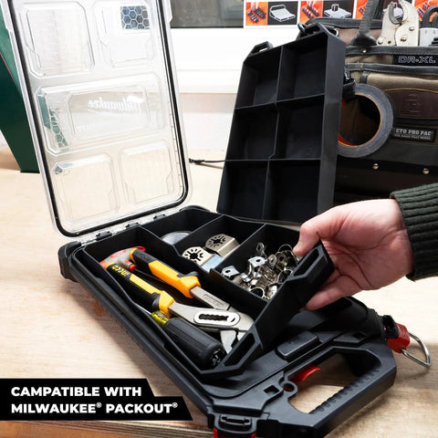 Open Milwaukee PACKOUT showing Six FlexiTray Flexible Tool Trays with tools, bolts, and parts, suitable for workshop or van storage, made in UK.