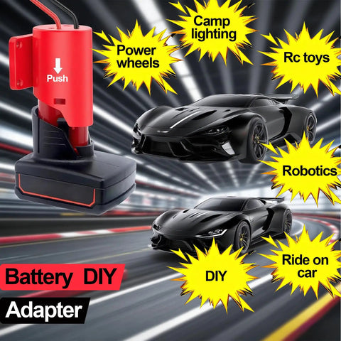 M12 Battery Adapter for Milwaukee Packs 12V Conversion Kit powers DIY RC cars, toys, and robotics with switch, fuse, and 12 AWG wire.