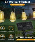 Outdoor Solar String Lights 50 Feet ST38 Shatterproof Bulbs Copper Wire Waterproof Patio Garden Lighting USB Charging Remote Control With 3 Modes Dimmable Solar Light No Outlet Needed For Camping Backyard And Patio Ambiance showing weather resistance features.