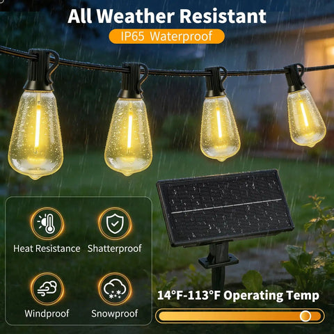 Outdoor Solar String Lights 50 Feet ST38 Shatterproof Bulbs Copper Wire Waterproof Patio Garden Lighting USB Charging Remote Control With 3 Modes Dimmable Solar Light No Outlet Needed For Camping Backyard And Patio Ambiance showing weather resistance features.