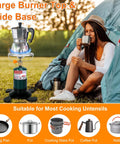 Portable Propane Camping Stove With Foldable Gas Tank Base Adjustable Flame Backpacking Cooker For Hiking And Tent Camping next to a tent