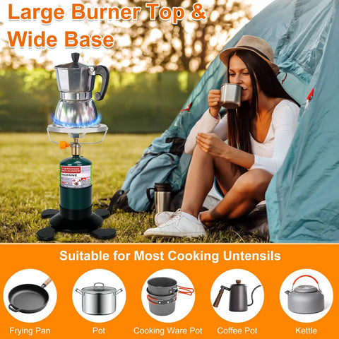 Portable Propane Camping Stove With Foldable Gas Tank Base Adjustable Flame Backpacking Cooker For Hiking And Tent Camping next to a tent