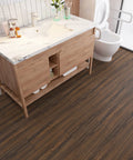Dark Brown Peel And Stick Floor Tiles 6x36 Inch Waterproof Vinyl Planks Self Adhesive Wood Look Flooring in a modern bathroom