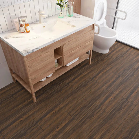 Dark Brown Peel And Stick Floor Tiles 6x36 Inch Waterproof Vinyl Planks Self Adhesive Wood Look Flooring in a modern bathroom