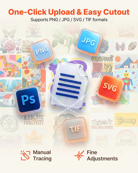 One-Click Upload & Easy Cutout supports PNG, JPG, SVG, TIF formats for vinyl cutting machine use.