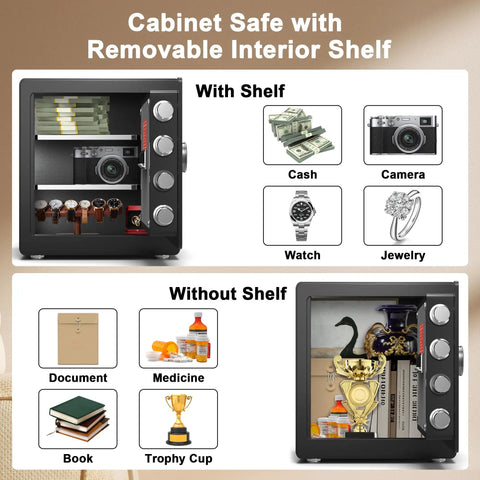 Beefy Biometric Fingerprint Safe With Fireproof Waterproof Steel Construction And Backlit Digital Touchscreen Interface For Securely Locking Down Your Cash Stash Along With Important Documents showing items secured inside both with and without removable interior shelf.