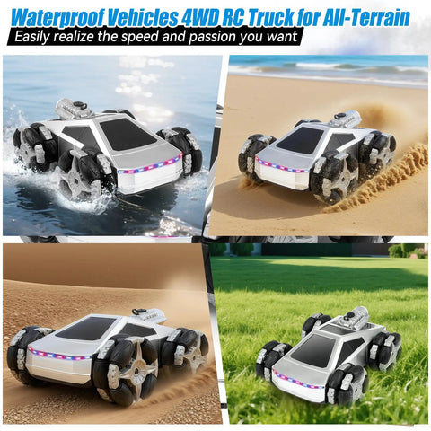 All Terrain 4WD High Speed Remote Control Monster Truck 1:16 Scale showing versatility on water, sand, and grass