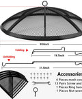 Diagram of 36 Inch Round Fire Pit Screen With Handle And Poker, collapsible mesh cover, accessories, and dimensions.
