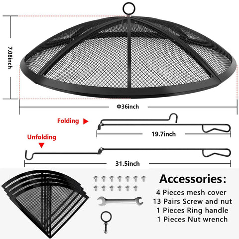 Diagram of 36 Inch Round Fire Pit Screen With Handle And Poker, collapsible mesh cover, accessories, and dimensions.