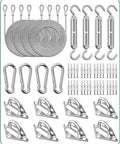 Stainless Steel Sun Shade Sail Hardware Kit 6 Inch, 84-Piece Set With 48 Ft Vinyl Coated Wire Ropes displayed with hooks and clamps.