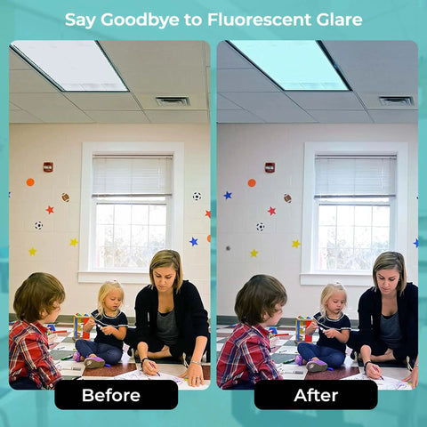 Before and after using Fluorescent Light Covers For Ceiling Lights 48 By 24 Magnetic Filter 4 Pack Sky Blue Cut Glare And Flicker