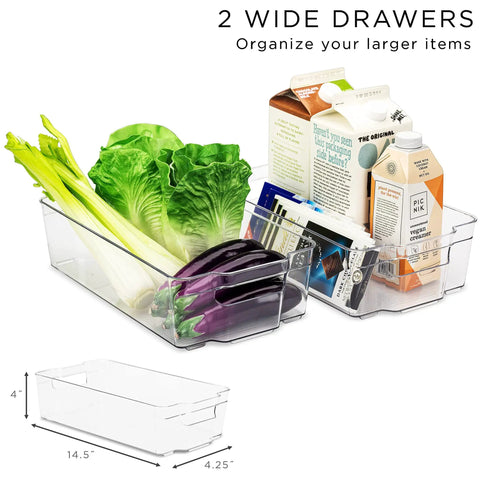 Ultimate Six Piece Fridge Organizer And Pantry Storage Bin Set Featuring Wide Narrow Containers Clear Can Caddy For Twelve Drinks Plus Egg Holder To Straight Up Declutter Your Space with vegetables and cartons.