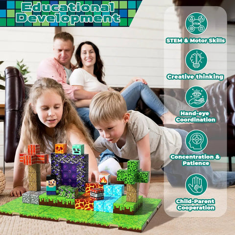 Children playing with 150 Piece Magnetic Blocks Set With 6 Base Plates, Magnetic Building Kit For Kids, STEM Toy for Toddlers