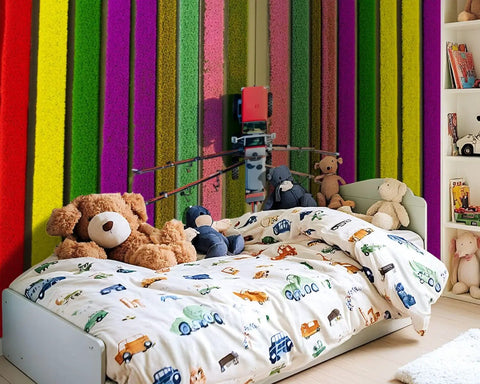 Wall Mural Peel And Stick Self Adhesive Removable Large Wall Decor Scene Of Agricultural Crops Sprayer In A Tulip Field With Springtime View For Kids Room Bedroom And Living Room 69 By 96 Inches displayed in a vibrant children's bedroom with toys.