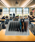Dope Heavy Duty Six Pack Laptop And Tablet Charging Station With Versatile Desktop Organizer Rack For Up To 15 6 Inch Chromebook MacBook Surface Pro Tech Rig in classroom with devices.