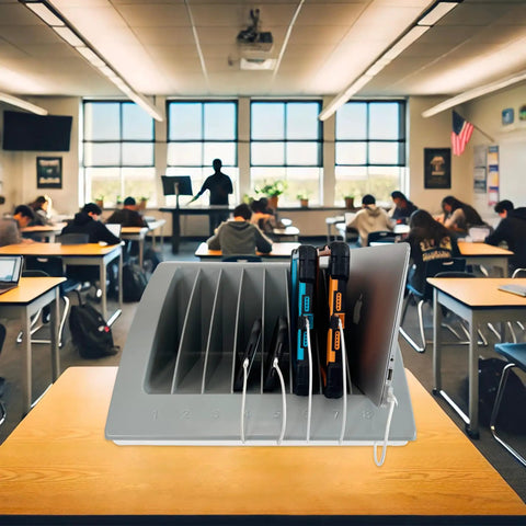 Dope Heavy Duty Six Pack Laptop And Tablet Charging Station With Versatile Desktop Organizer Rack For Up To 15 6 Inch Chromebook MacBook Surface Pro Tech Rig in classroom with devices.