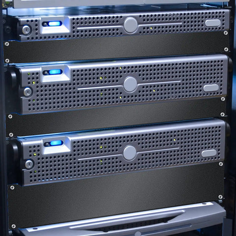 Heavy Duty 19 Inch 4U Blank Rack Panels For Server Cabinets installed in a server rack, featuring sleek black coating and curved edges.