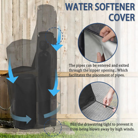 Water Softener Cover 420D Waterproof Oxford Cloth Outdoor All Weather Protection With Double Zip showing drawstring and zipper