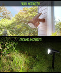 Super Bright 50 LED Solar Spotlight Outdoor Lights With 2in1 Design, wall-mounted and ground-inserted in garden settings.