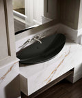 Modern Trough Vessel Bathroom Sink With Asymmetrical Oval Basin Double Faucet Ready Wall Mount Or Countertop Setup Smooth Overflow Drain Ultra Slim Durable Edge Design Big Time Upgrade For Luxe Vanities, top view with black oval basin and marble countertop.