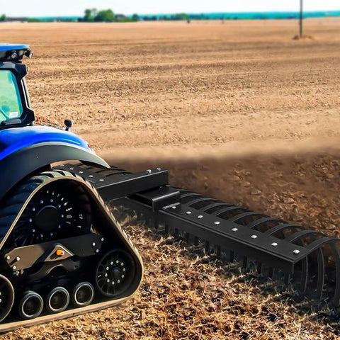 49 Inch Landscape Rake Attachment With 17 Spring Steel Tines for lawn tractors and ATV UTVs shown in use on a field