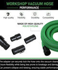 Hose Kit For 1-7/8 Inch Vacuums With Universal 2-1/2 Inch Adapters, coiled black and green hose with 4 fittings visible on white background.
