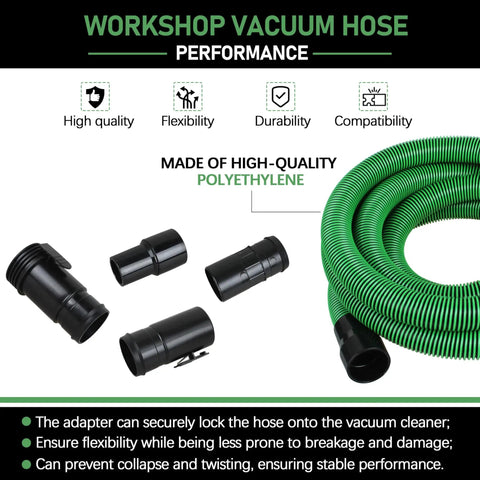 Hose Kit For 1-7/8 Inch Vacuums With Universal 2-1/2 Inch Adapters, coiled black and green hose with 4 fittings visible on white background.