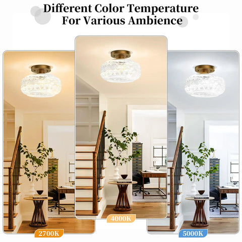 Industrial Semi Flush Mount Gold Globe Glass Ceiling Light Fixture in three color temperatures for different ambiances