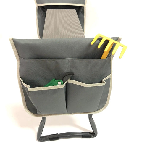 Close-up of a Folding Garden Kneeler And Seat with Soft Kneeling Pad and Tool Pouch, showcasing storage for gardening tools.