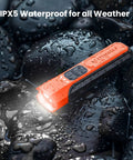 Flat USB C Rechargeable LED Flashlight With 6 Modes Ultra Bright Handheld Light in orange on wet stones, IPX5 waterproof feature shown.