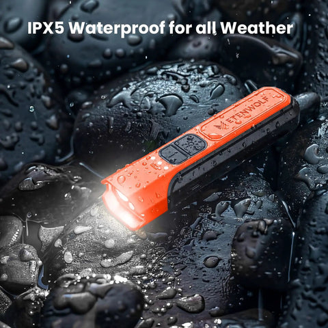 Flat USB C Rechargeable LED Flashlight With 6 Modes Ultra Bright Handheld Light in orange on wet stones, IPX5 waterproof feature shown.