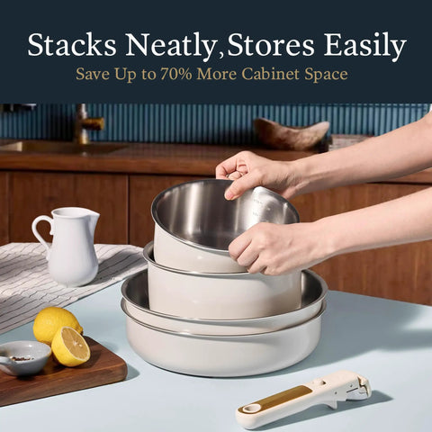 21 Piece Stainless Steel Cookware Set With Non Toxic Interior Pots And Pans Dishwasher Safe And Easy To Clean White Finish stacking bowls