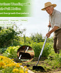 A man using a Heavy Duty Garden Draw Hoe With 60 Inch Handle For Easy Weeding And Tilling Stand Up Garden Tool in a vegetable garden.