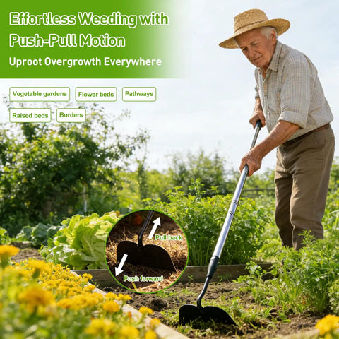 A man using a Heavy Duty Garden Draw Hoe With 60 Inch Handle For Easy Weeding And Tilling Stand Up Garden Tool in a vegetable garden.