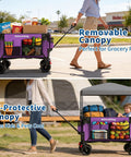 Heavy Duty Collapsible Wagon With Removable Sun Cover, All Terrain Big Wheels And Dual Brakes, Extra Large Grocery Cart For Beach, Camping