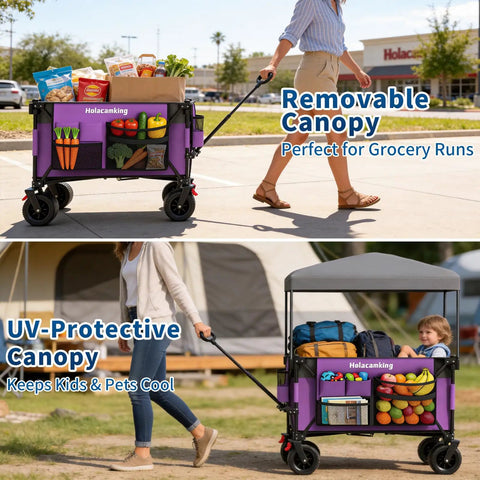 Heavy Duty Collapsible Wagon With Removable Sun Cover, All Terrain Big Wheels And Dual Brakes, Extra Large Grocery Cart For Beach, Camping