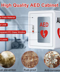 Rock Solid Steel Wall Mount AED Cabinet With No Fuss Snap Lock Door And Clear Acrylic Panel For Quick Grab Emergency Access Compatible With All Major Defib Brands Built To Handle Any Public Spot, showing features like metal plate, snap lock, and transparent window.