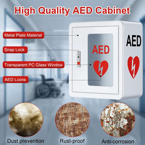 Rock Solid Steel Wall Mount AED Cabinet With No Fuss Snap Lock Door And Clear Acrylic Panel For Quick Grab Emergency Access Compatible With All Major Defib Brands Built To Handle Any Public Spot, showing features like metal plate, snap lock, and transparent window.