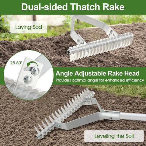 20 Inch Wide Lawn Dethatcher Rake With Long Handle, 19 Curved Tines, Adjustable From 25 To 60 Degrees, Lightweight Aluminum Manual Thatch Remover