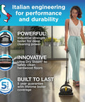 Pro Grade Steam Mop Bundle Featuring 18 Piece Precision Floor Care Kit used by a woman on hardwood floors in a modern kitchen.