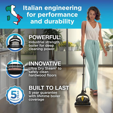 Pro Grade Steam Mop Bundle Featuring 18 Piece Precision Floor Care Kit used by a woman on hardwood floors in a modern kitchen.