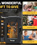 Workhorse Titanium Coated Drill Bit Set With 35 No Nonsense Pieces Including Hss Metal Masonry Wood Bits Plus Nut Drivers Magnetic Holder For Quick Home Repair And Everyday Tasks in a gift box.