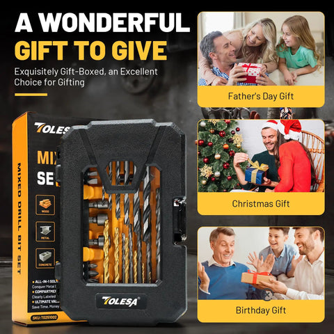 Workhorse Titanium Coated Drill Bit Set With 35 No Nonsense Pieces Including Hss Metal Masonry Wood Bits Plus Nut Drivers Magnetic Holder For Quick Home Repair And Everyday Tasks in a gift box.