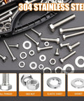 Image of a 312 Piece Hex Bolts And Nuts Kit In 304 Stainless Steel with flat and spring washers, includes 14 bolt sizes.