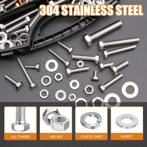Image of a 312 Piece Hex Bolts And Nuts Kit In 304 Stainless Steel with flat and spring washers, includes 14 bolt sizes.
