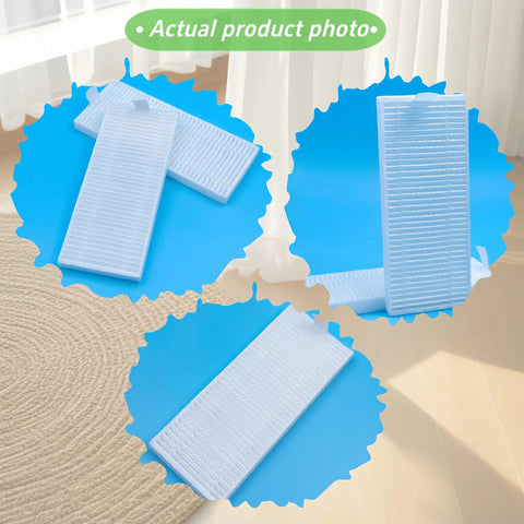 HEPA filters from Replacement Side Brush And HEPA Filter Kit For M210 Series Robotic Vacuums, shown on a blue background.