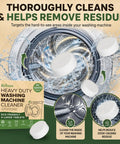 Box and tablets of Heavy Duty Washing Machine Cleaner and Descaler Tablets with Deodorizer near washing machine drum
