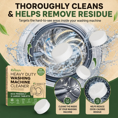 Box and tablets of Heavy Duty Washing Machine Cleaner and Descaler Tablets with Deodorizer near washing machine drum